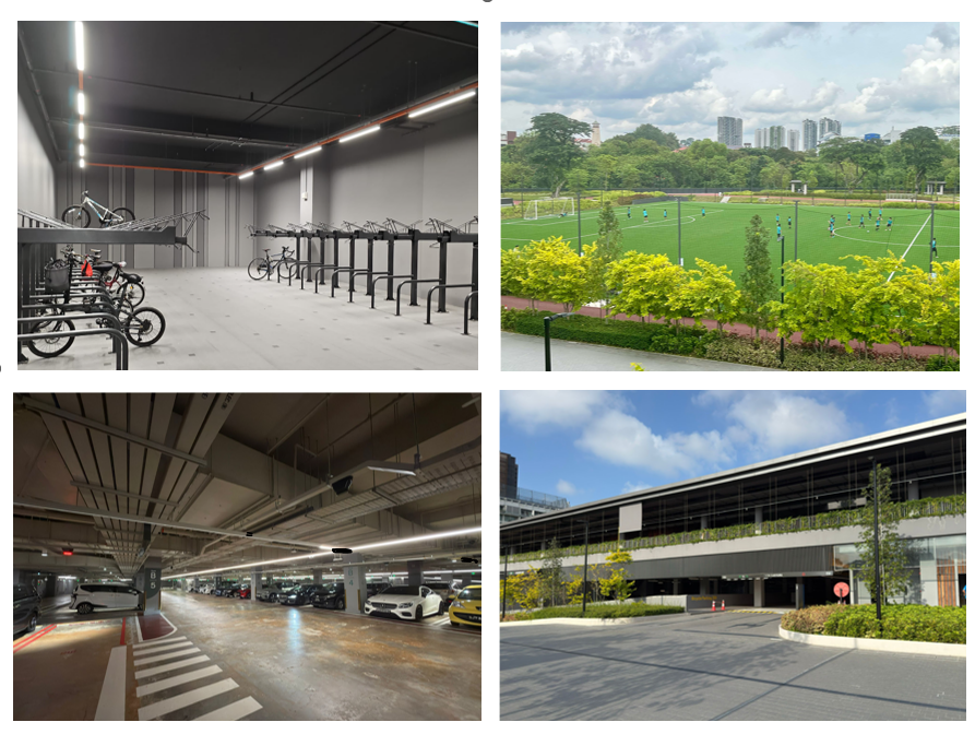 Image of Football Field, carpark entrances and bicycle parking spaces within CMPB